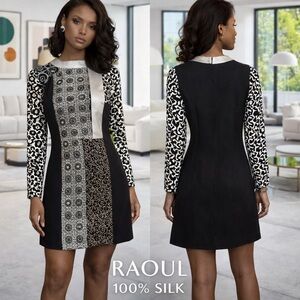 RAOUL 100% Silk Geo Panel Shift Dress Designer Mod Art Cocktail Dress Size XS/0